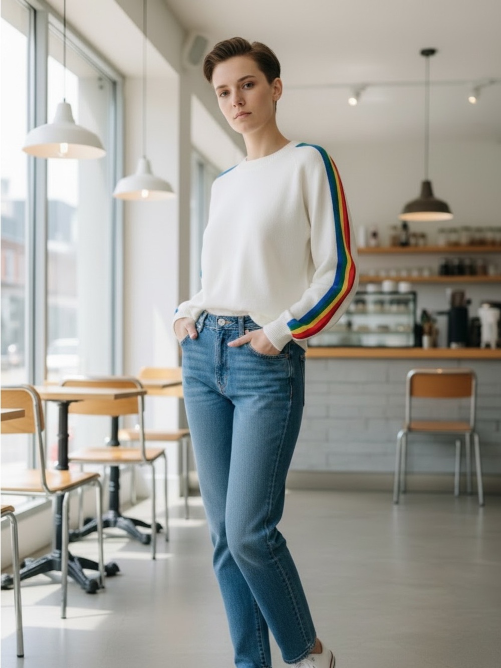 Avara White Crewneck Sweater with Rainbow  Stripes on sleeves. Medium.